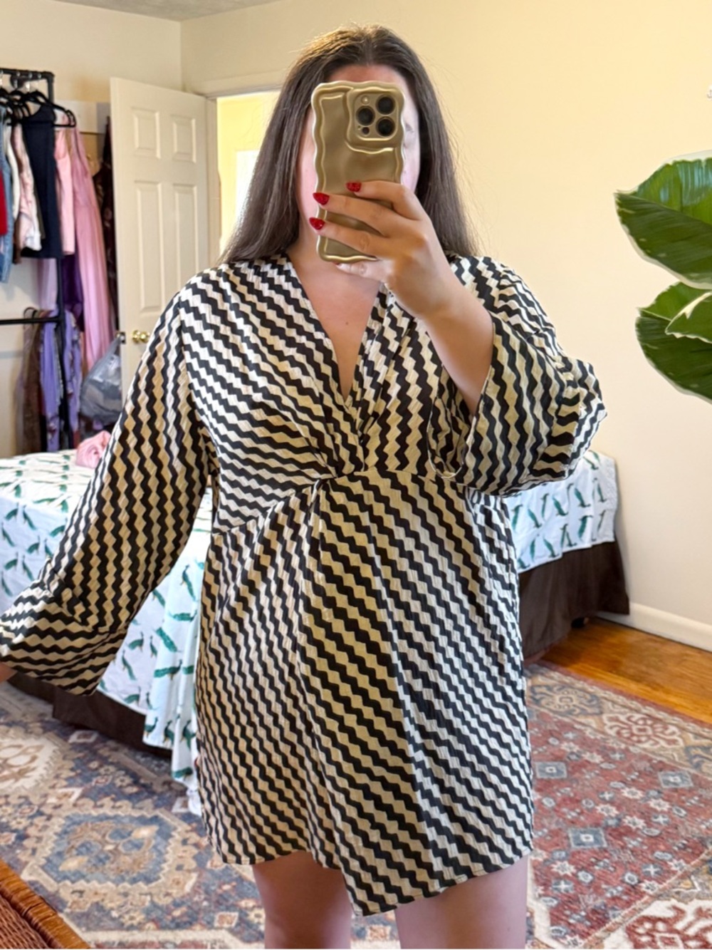 H&M tan & black printed long sleeve dress